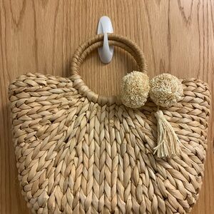 Woven Straw Circle Handle Satchel Bag in Natural